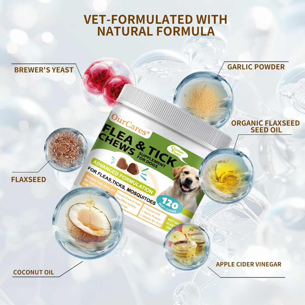 OurCares Flea and Tick Prevention Supplement for Dogs, With coconut oil and multiple vitamins, 120 Soft Chews Natural Chicken Flavor  for Dogs Advanced Formula