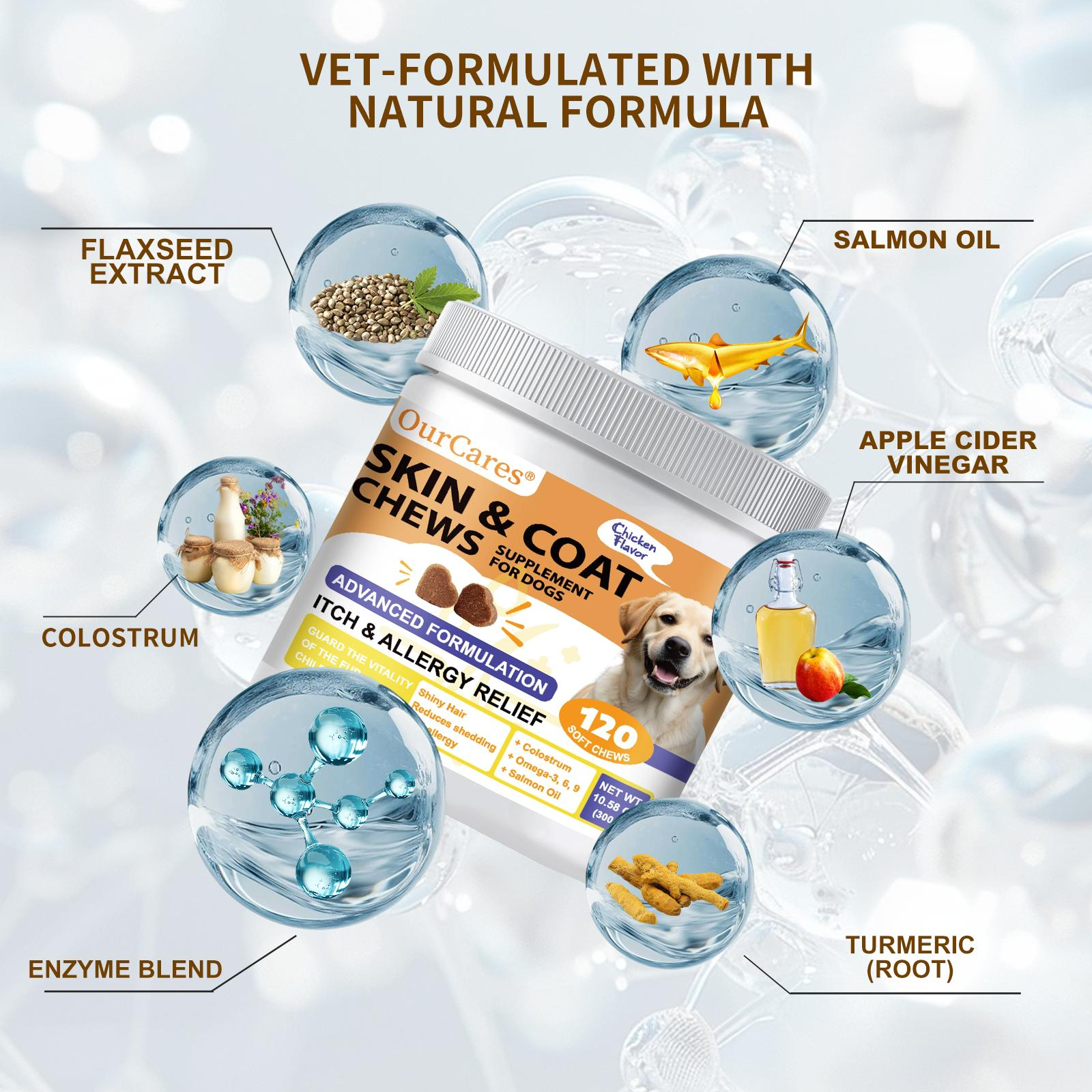 OurCares Salmon Oil for Dogs Skin and Coat, omega 3l6]9Fish Oil Chews, Dog Allergy Relief chews, ltch ReliefSupplement,Chicken Flavor -120 Soft Chews