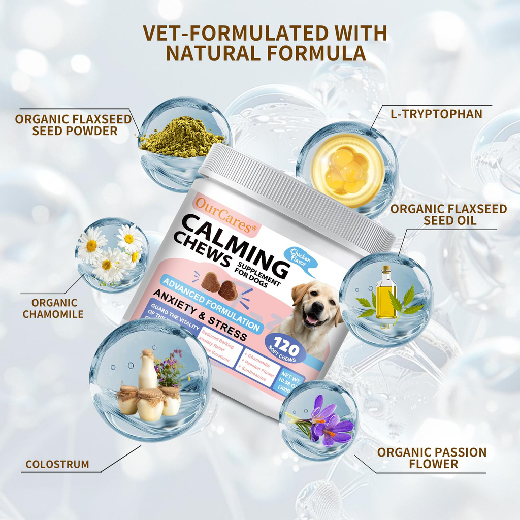 OurCares Calming Chews for Dogs Chicken Flavor 120 Soft Chews Advanced Formula for Anxiety Stress Relief Composure Relaxation