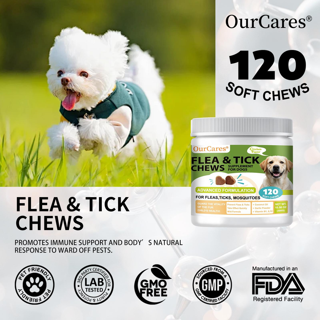 OurCares Flea and Tick Prevention Supplement for Dogs, With coconut oil and multiple vitamins, 120 Soft Chews Natural Chicken Flavor  for Dogs Advanced Formula