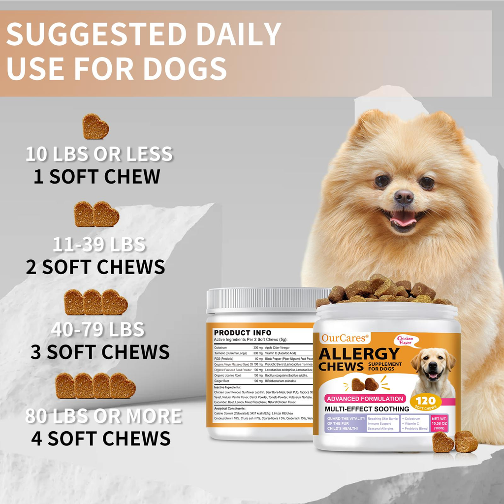 OurCares Dog Allergy Relief Chews - Support Seasonal Allergies, Gut & Digestive Health With Colostrum Vitamin C Probiotic - Chicken Flavor - 120 Soft Chews