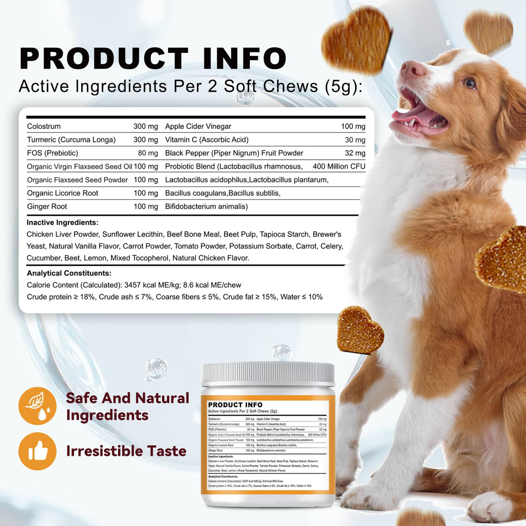 OurCares Dog Allergy Relief Chews - Support Seasonal Allergies, Gut & Digestive Health With Colostrum Vitamin C Probiotic - Chicken Flavor - 120 Soft Chews