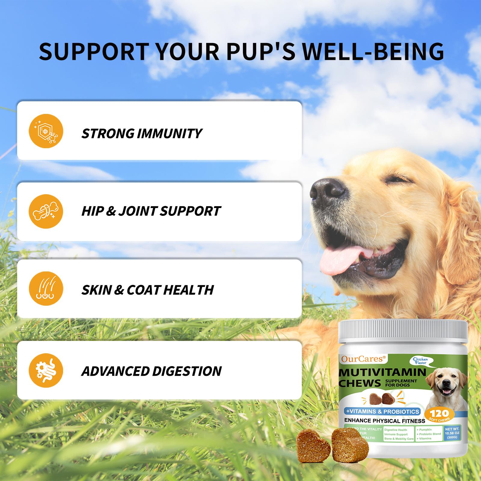 OurCares Dog Vitamins and Supplements -120 DogMultivitamin chewable -lmmune, Joint Support, Skin, GutHealth ,Glucosamine & Probiotics - for Senior & PuppyMultivitamin -Chicken Flavor