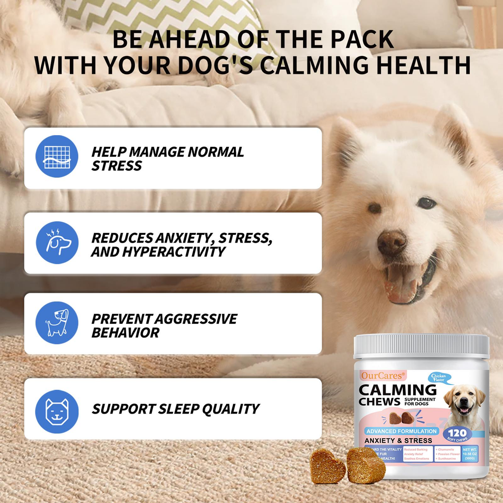 OurCares Calming Chews for Dogs Chicken Flavor 120 Soft Chews Advanced Formula for Anxiety Stress Relief Composure Relaxation