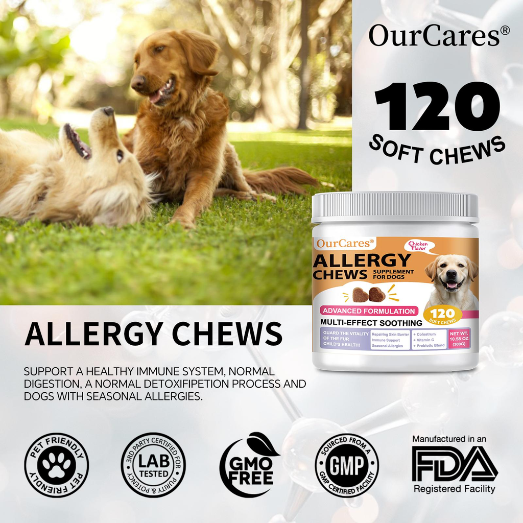 OurCares Dog Allergy Relief Chews - Support Seasonal Allergies, Gut & Digestive Health With Colostrum Vitamin C Probiotic - Chicken Flavor - 120 Soft Chews