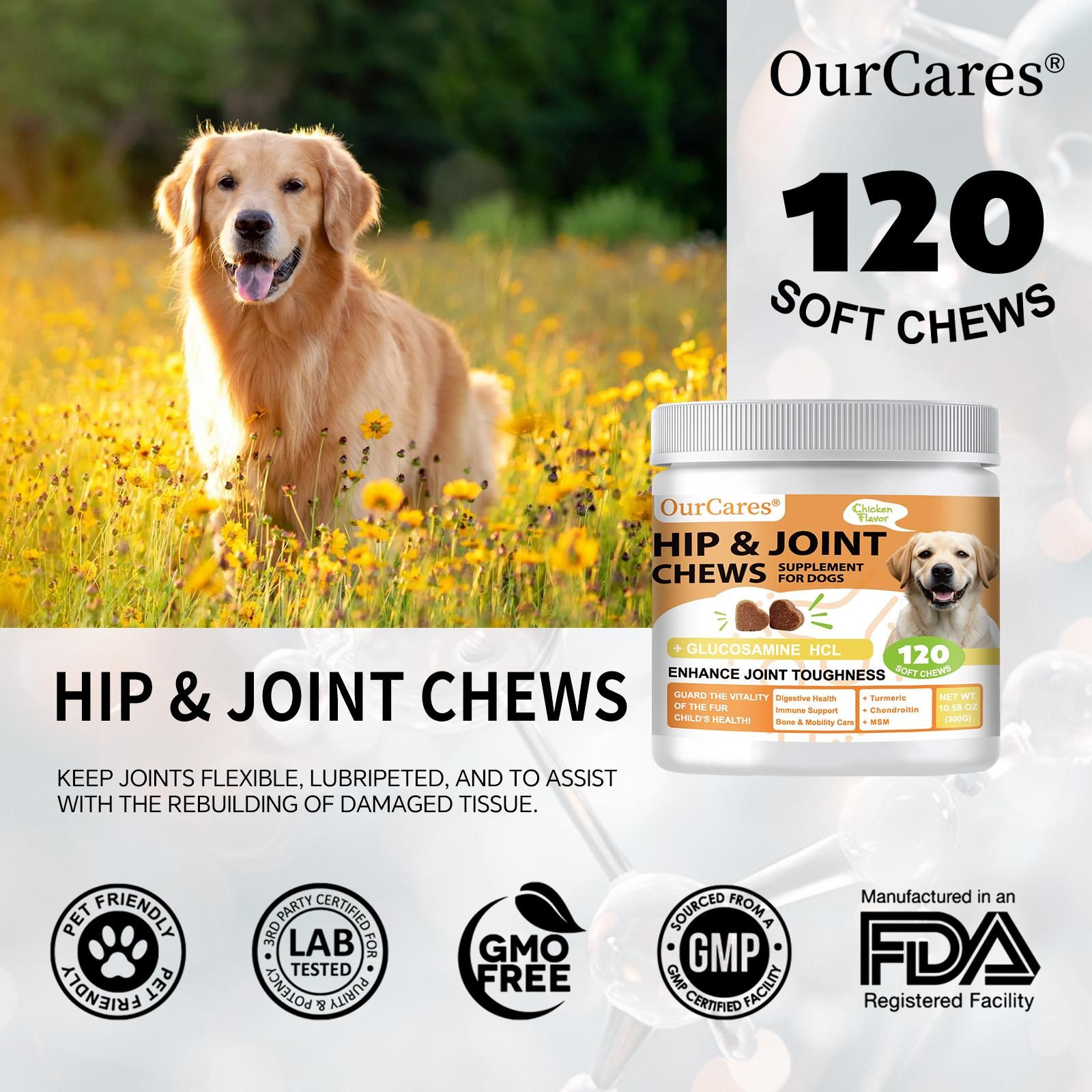 OurCares Hip and Joint for Dogs, Glucosamine for Dogs Hipand Joint Supplement with chondroitin, MSM, Vitamins C &E-Chicken Flavor, 120 Soft Chews