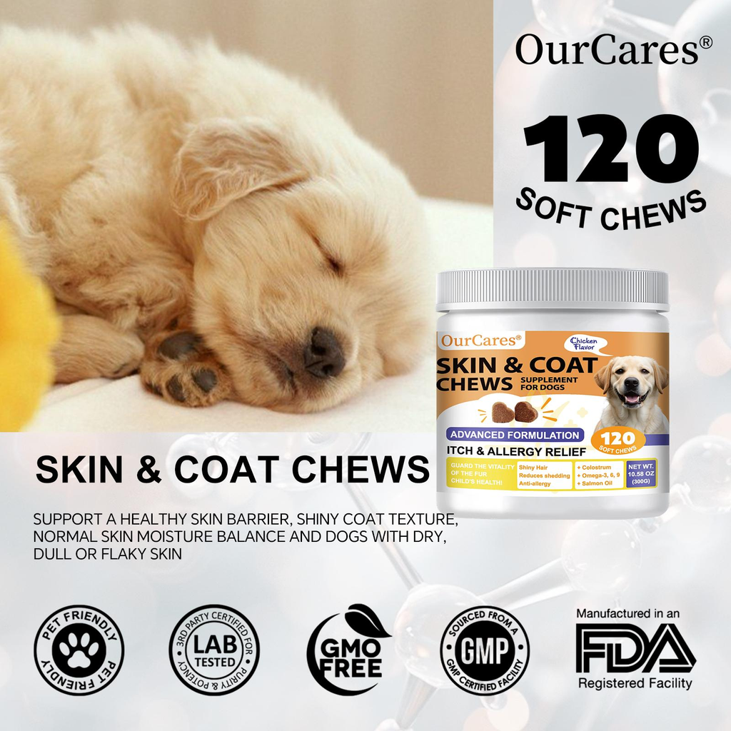 OurCares Salmon Oil for Dogs Skin and Coat, omega 3l6]9Fish Oil Chews, Dog Allergy Relief chews, ltch ReliefSupplement,Chicken Flavor -120 Soft Chews