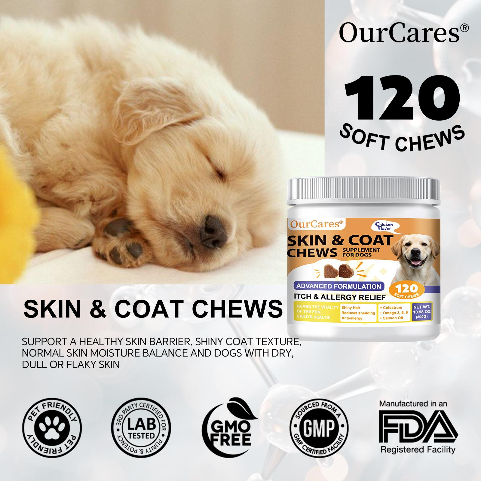 OurCares Salmon Oil for Dogs Skin and Coat, omega 3l6]9Fish Oil Chews, Dog Allergy Relief chews, ltch ReliefSupplement,Chicken Flavor -120 Soft Chews