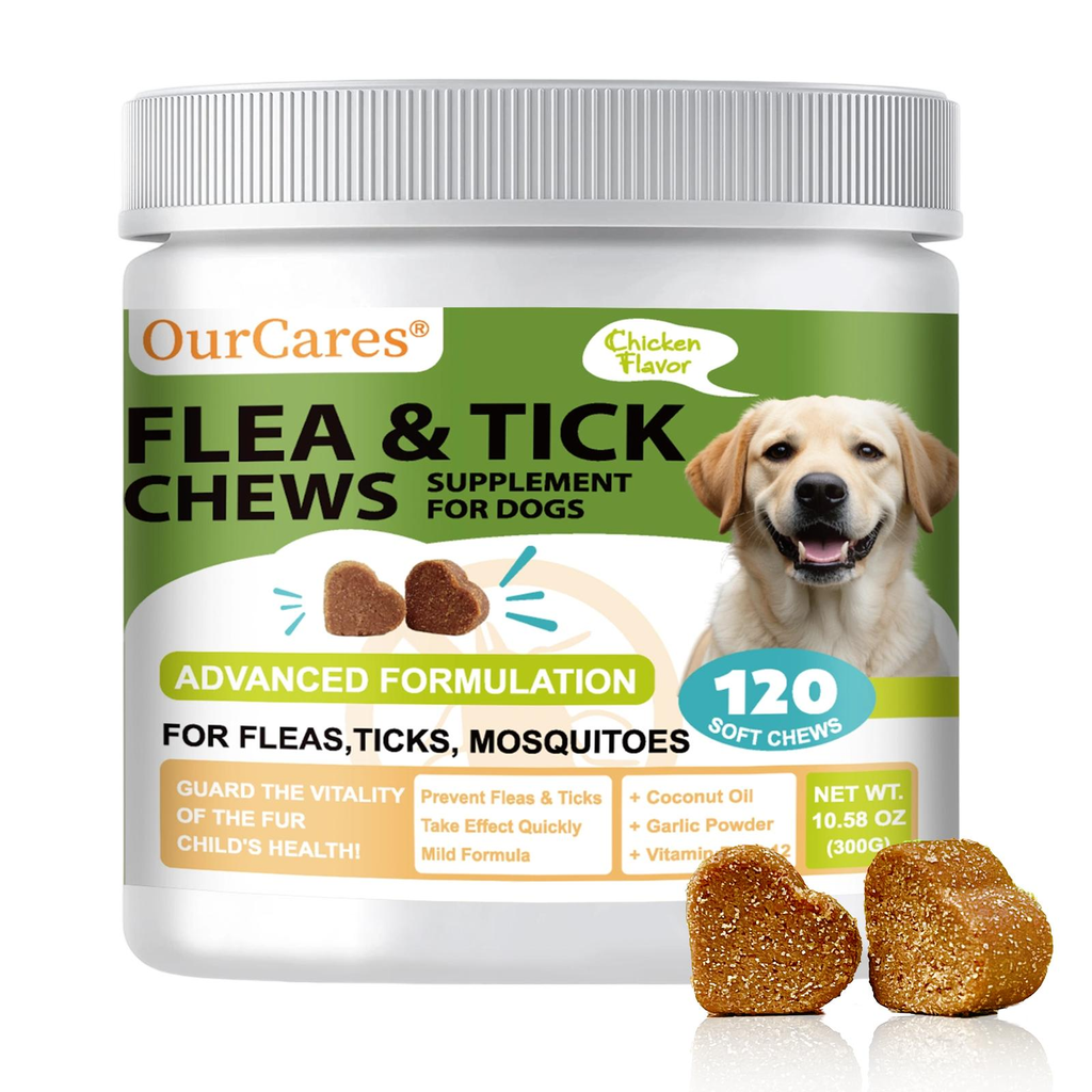 OurCares Flea and Tick Prevention Supplement for Dogs, With coconut oil and multiple vitamins, 120 Soft Chews Natural Chicken Flavor  for Dogs Advanced Formula