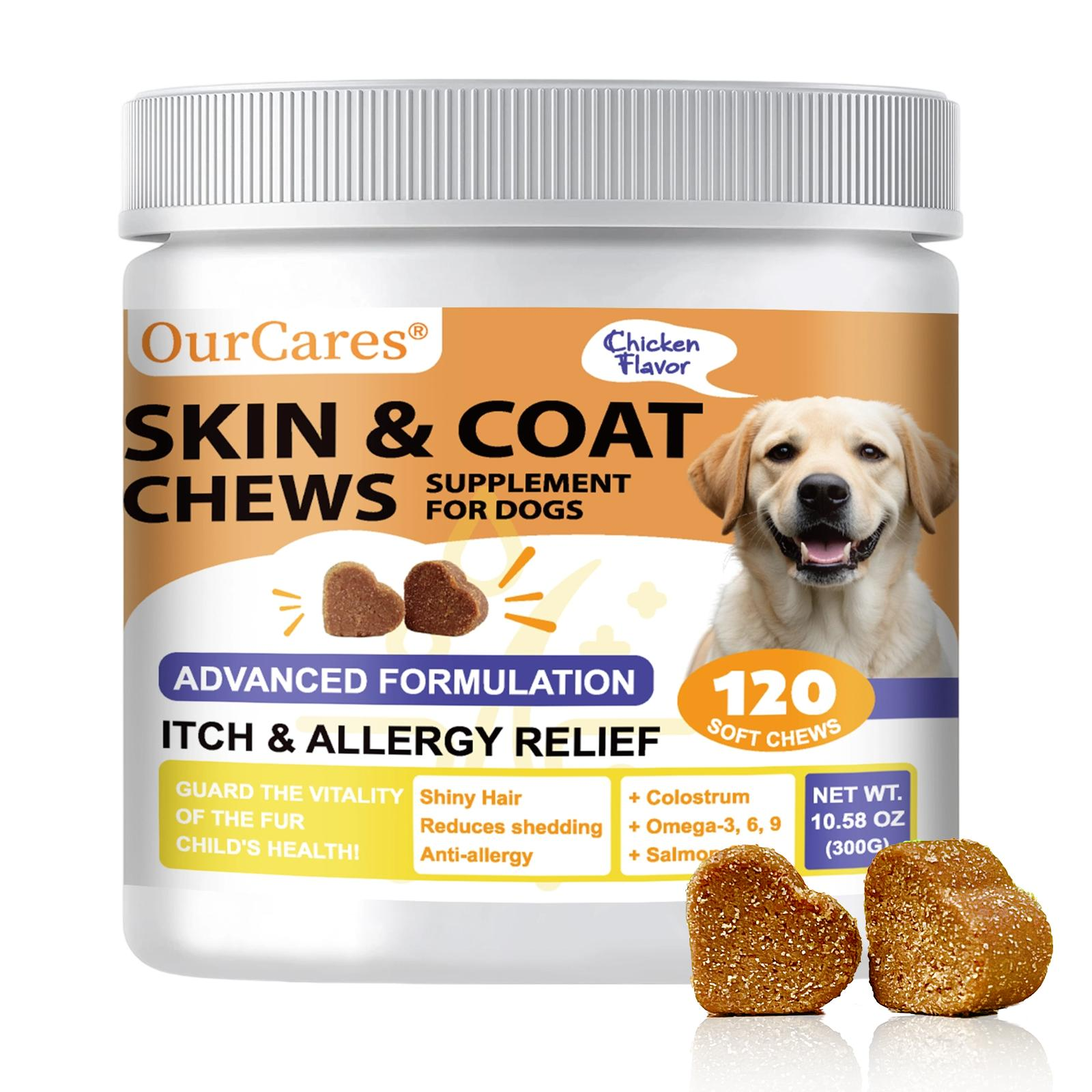 OurCares Salmon Oil for Dogs Skin and Coat, omega 3l6]9Fish Oil Chews, Dog Allergy Relief chews, ltch ReliefSupplement,Chicken Flavor -120 Soft Chews