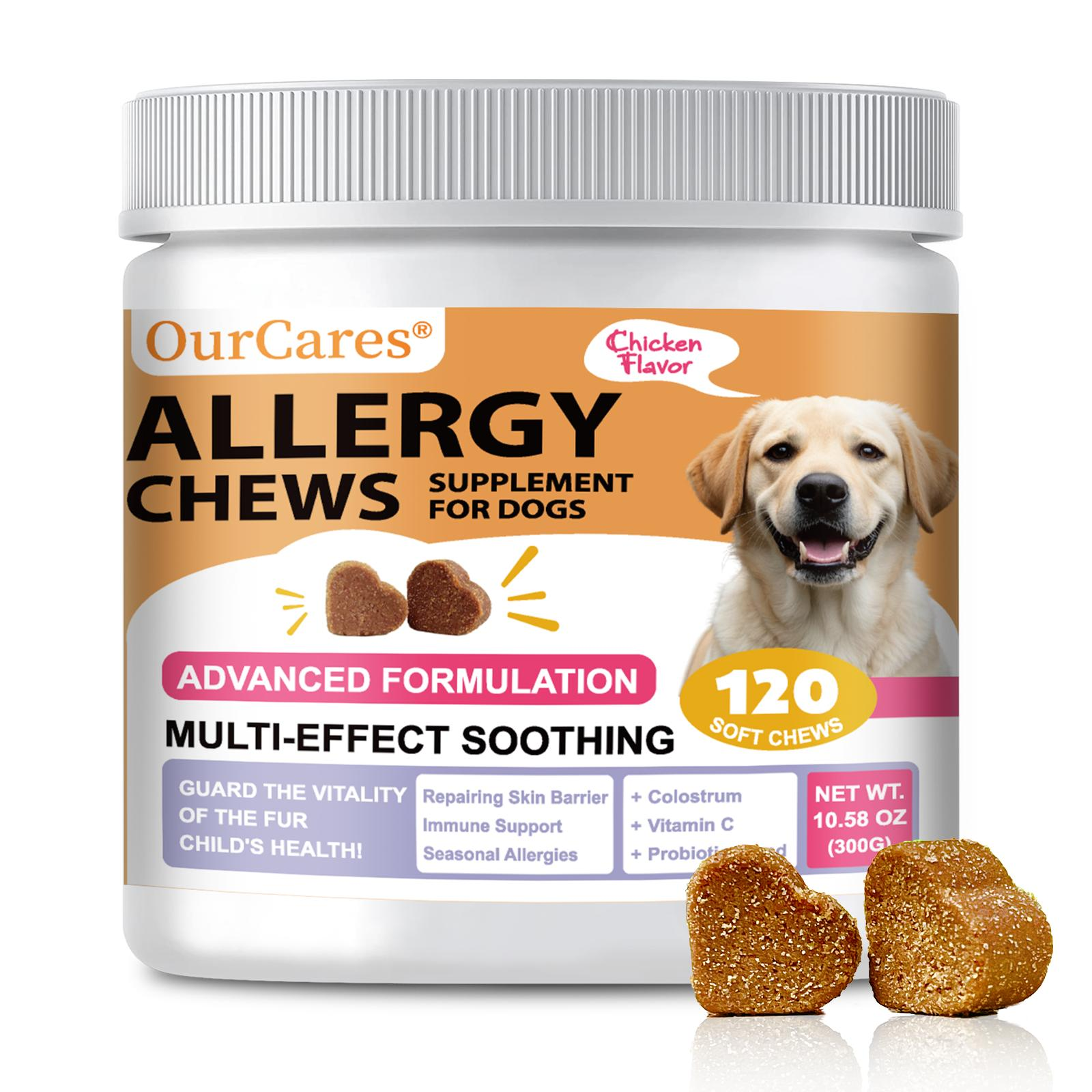 OurCares Dog Allergy Relief Chews - Support Seasonal Allergies, Gut & Digestive Health With Colostrum Vitamin C Probiotic - Chicken Flavor - 120 Soft Chews
